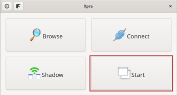 Ein Screenshot von einem XPRA-Anwendungsfenster. Es soll Start ausgewählt werden.