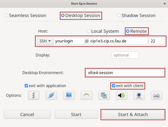 Ein Screenshot von einem XPRA-Anwendungsfenster. Es wird im Fenster konfiguriert wie eine XPRA-Sitzung aufgebaut werden soll. Relevante Informationen: Session: Desktop Session; Host: Remote; Verbindungstyp: SSH; Verbindungsaufbaupartner: <idm-Kennung>@cip1e3.cip.cs.fau.de:22; Desktop Environment: xfce4-session; exit with application: Wahr; exit with client: Wahr; Start&Attach anklicken.