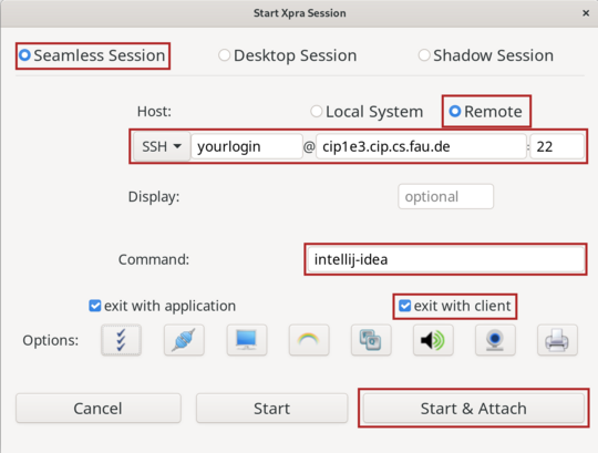 Ein Screenshot von einem XPRA-Anwendungsfenster. Es wird im Fenster konfiguriert wie eine XPRA-Sitzung aufgebaut werden soll. Relevante Informationen: Session: Seamless Session; Host: Remote; Verbindungstyp: SSH; Verbindungsaufbaupartner: <idm-Kennung>@cip1e3.cip.cs.fau.de:22; Command: intellij-idea; exit with application: Wahr; exit with client: Wahr; Start&Attach anklicken.